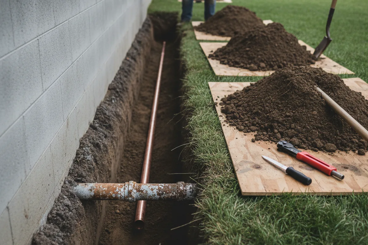 Excavated water line trench during Water Softener Installation in Lyman